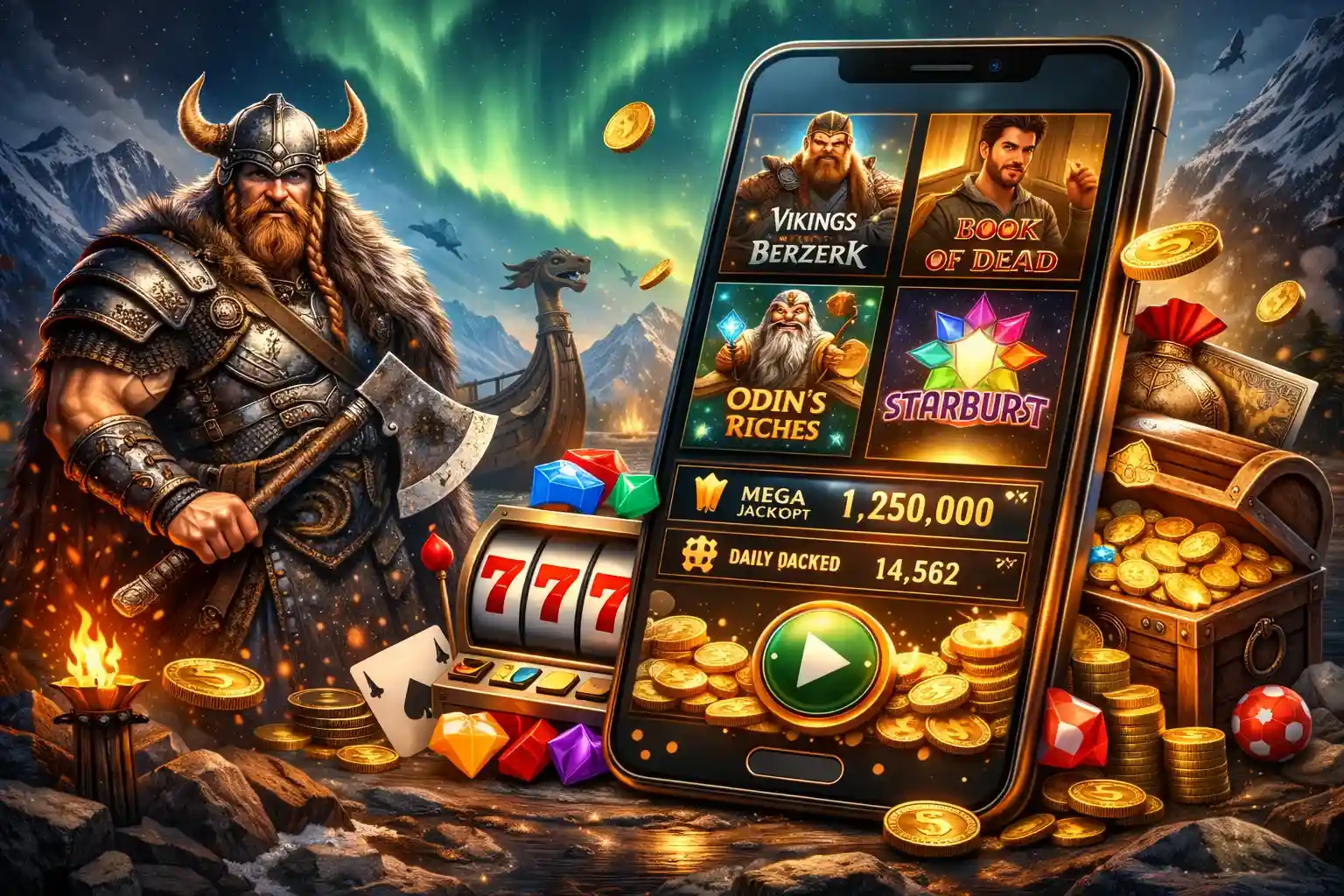 Viikinkiteemainen mobiilikasino älypuhelimella kolikkopeleillä ja kultakolikoilla